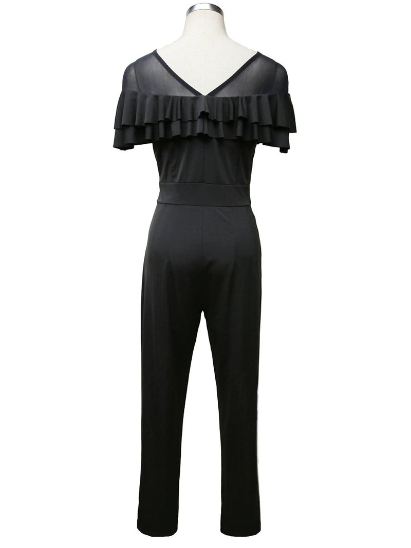 Sexy Mesh Stitching Ruffled Slim Jumpsuit