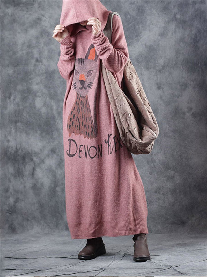 Cute Cat Print Loose Knit Maxi Dresses