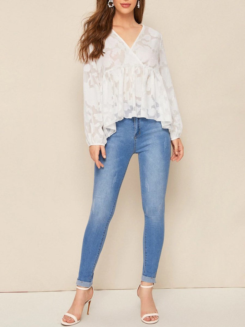 V-neck Cross Ruffled Long-sleeved Blouse