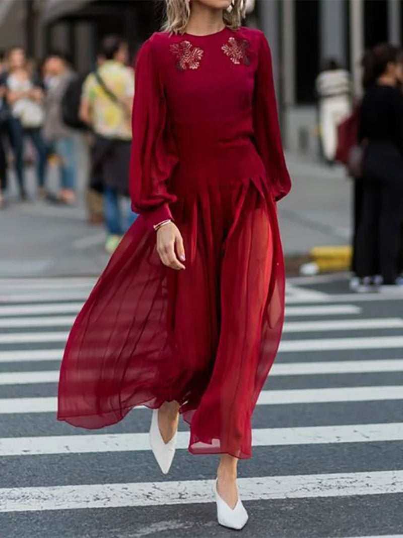 Elegant Solid Color Round Neck Embroidered Puff Sleeve Dress