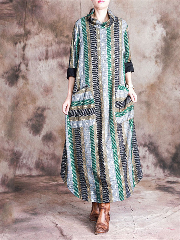 Stand Collar Print Pocket Loose Maxi Dresses