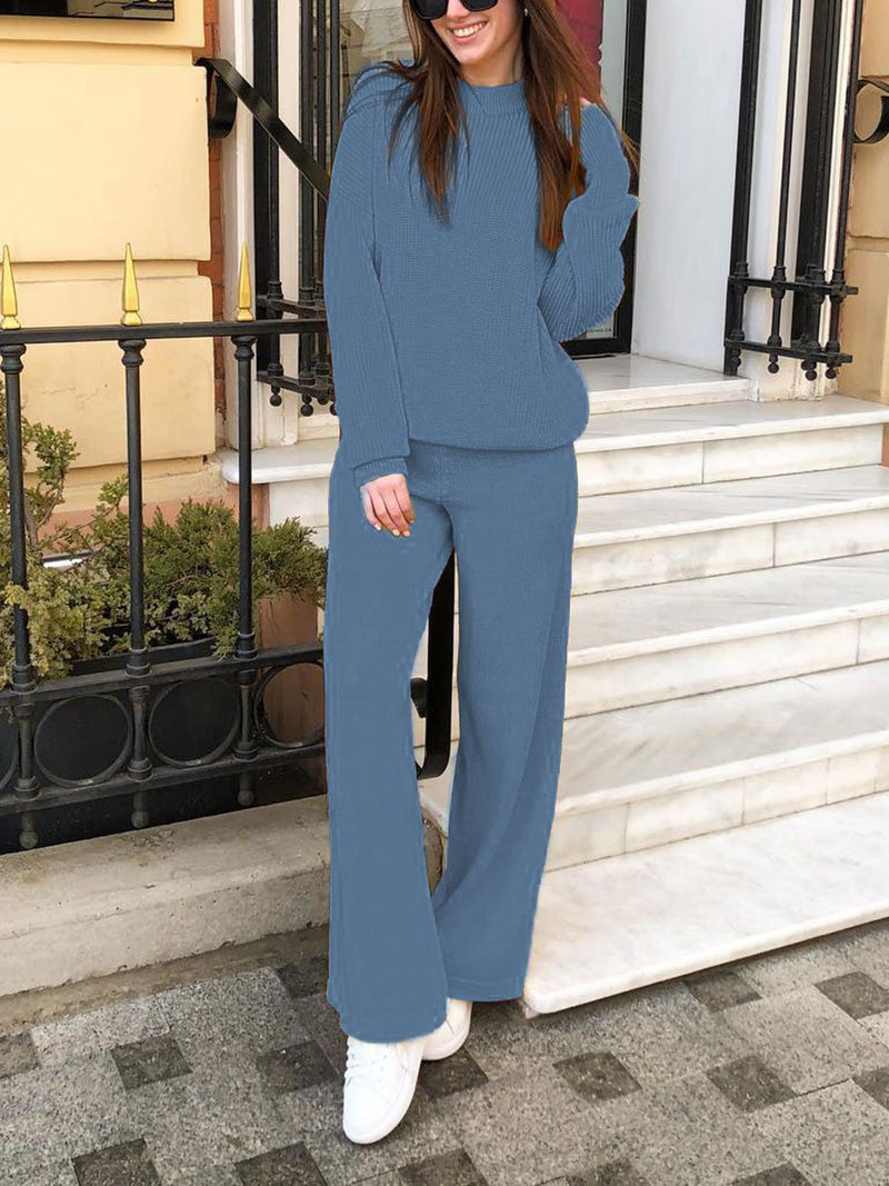 Fashion Loose Casual Long Sleeve Top Pants Knitted Suit