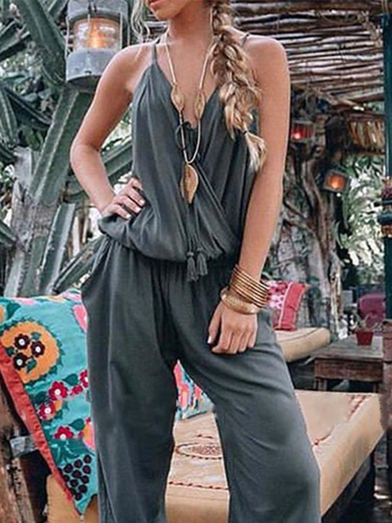 Casual V-neck lace up boho jumpsuit