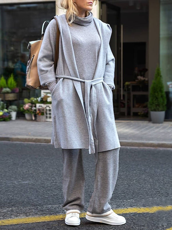 Loose Casual Long Sleeve Pocket Pullover Pants Coat Three Knit Set