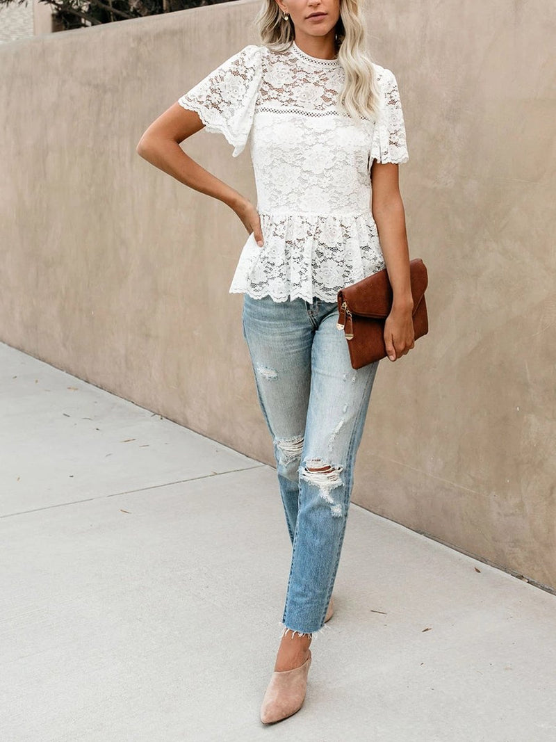 Embroidered Lace Sleeve Round Neck Short Sleeve Solid Color Shirt