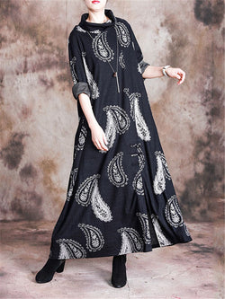 Stand Collar Printed Loose Maxi Dresses