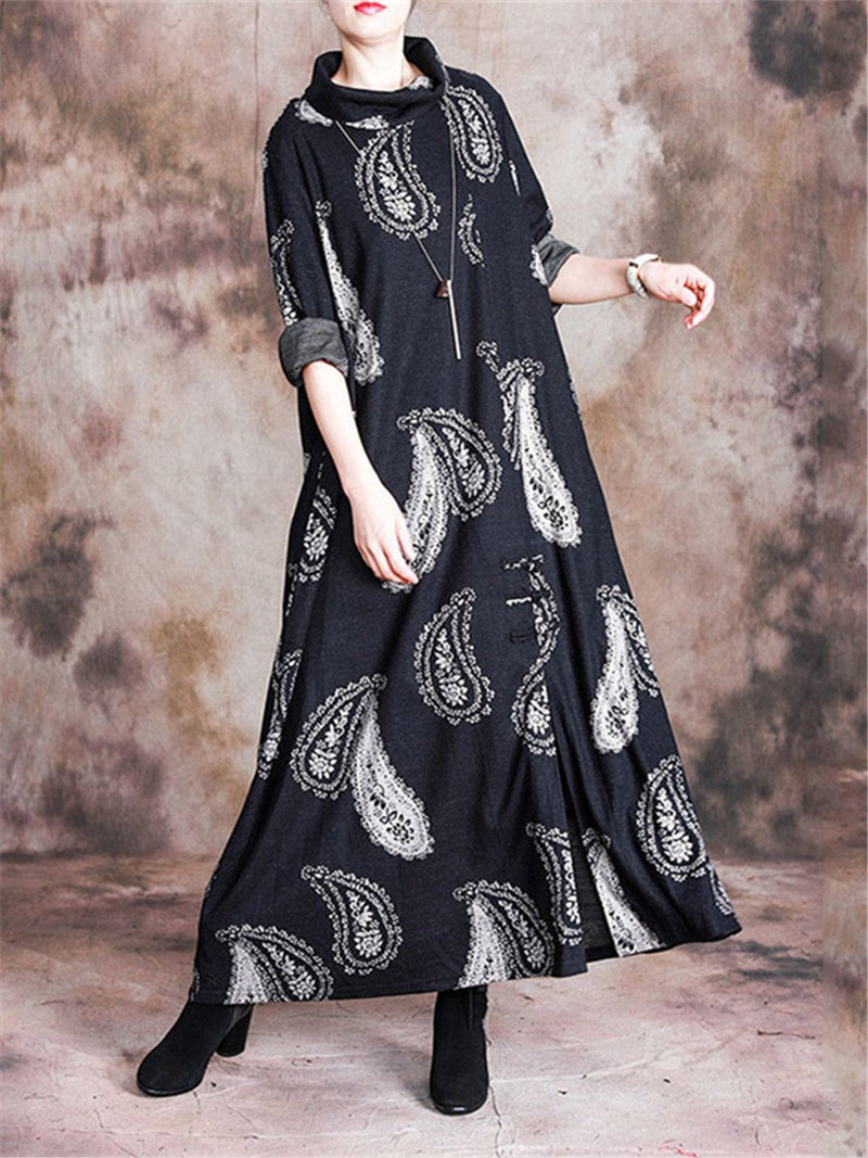 Stand Collar Printed Loose Maxi Dresses