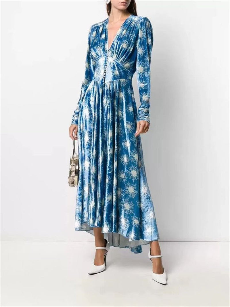 Blue Stars Elegant Vintage V-Neck Long Sleeve Dress