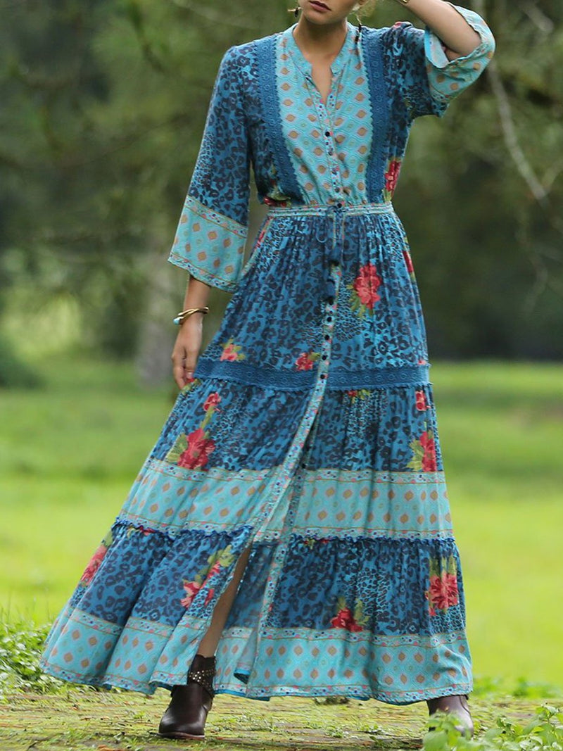 Contrast Long-sleeved Bohemian Dress