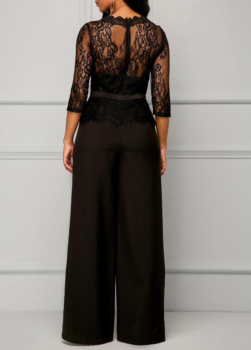 Solid Color Sexy Half Sleeve Lace Wide Leg Jumpsuit