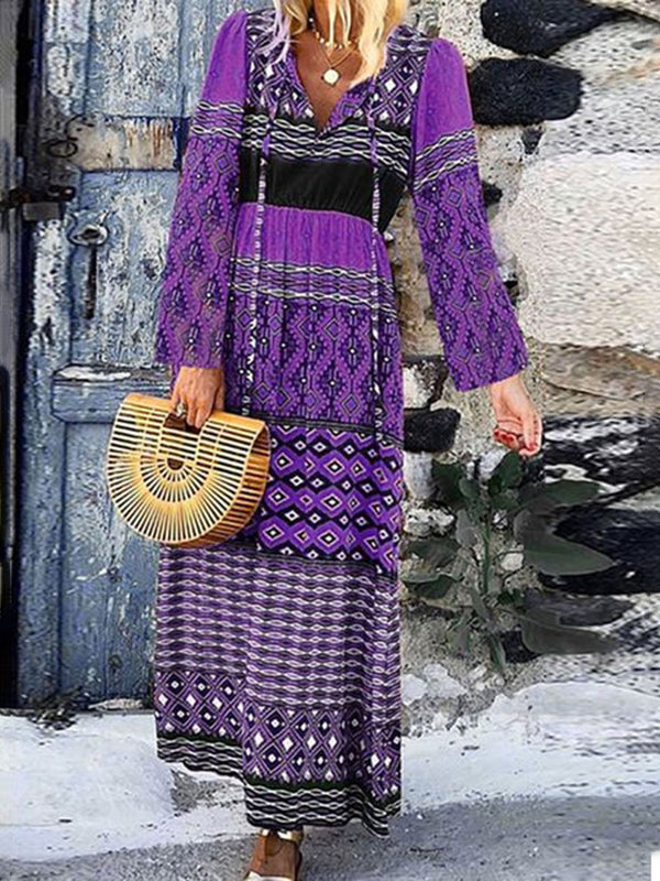 Stylish V-neck Bohemian Loose Print Dress