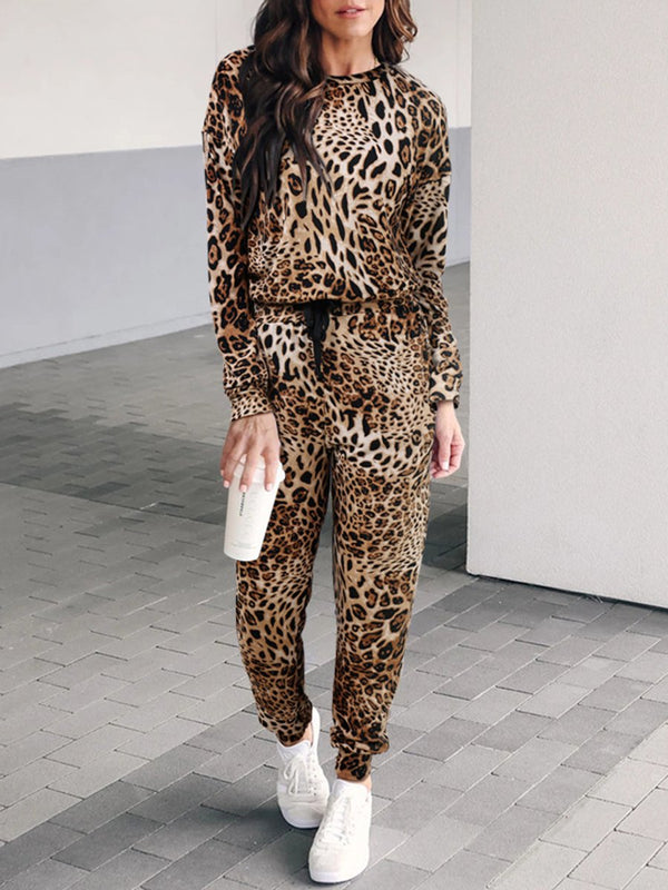 Casual Loose Long Sleeve Top Pants Leopard Set